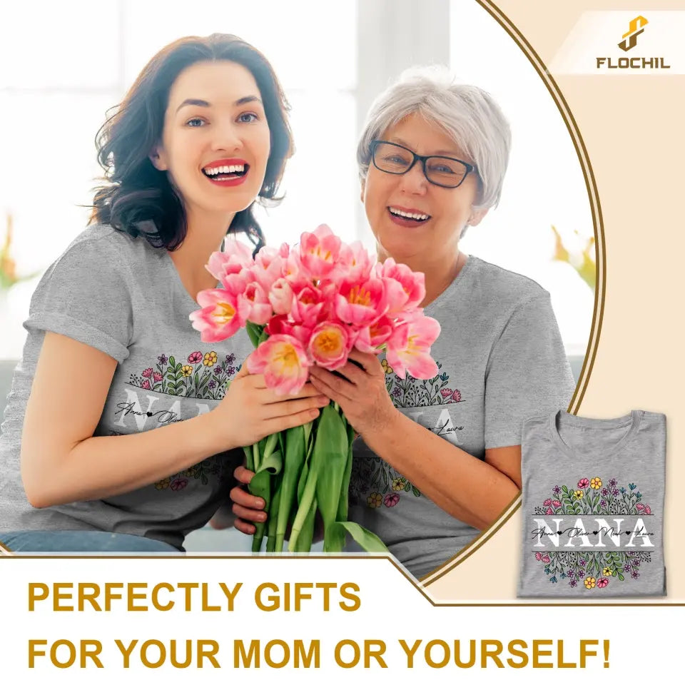 Personalized Nana T Shirt, Nana Flower With Kids Name Custom, Mother's Day Gifts For Nana