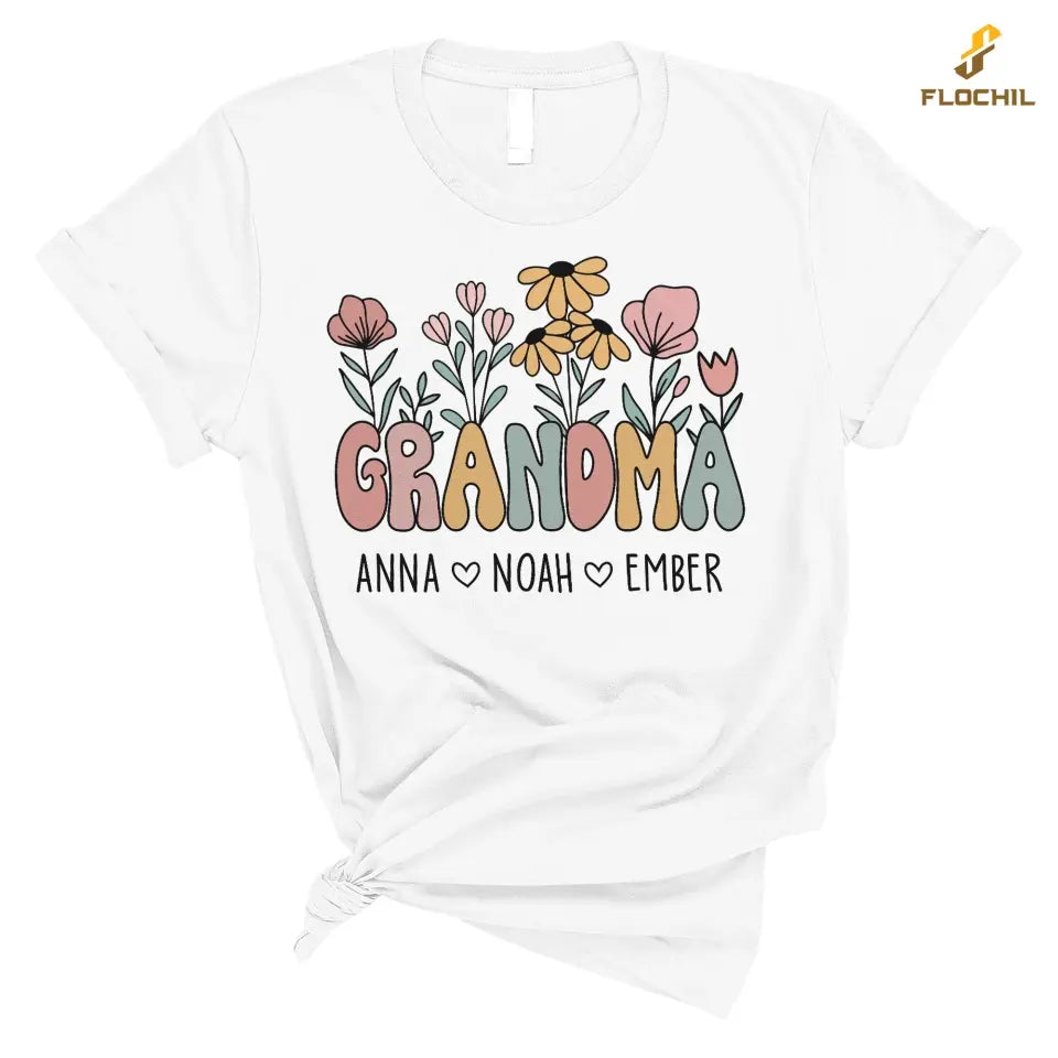 Personalized Grandma T Shirt, Grandma Flower With Kids Name Custom, Mother's Day Gifts For Grandma