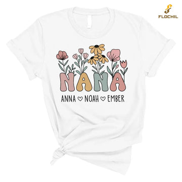 Personalized Nana T Shirt, Nana Flower With Kids Name Custom, Mother's Day Gifts For Nana