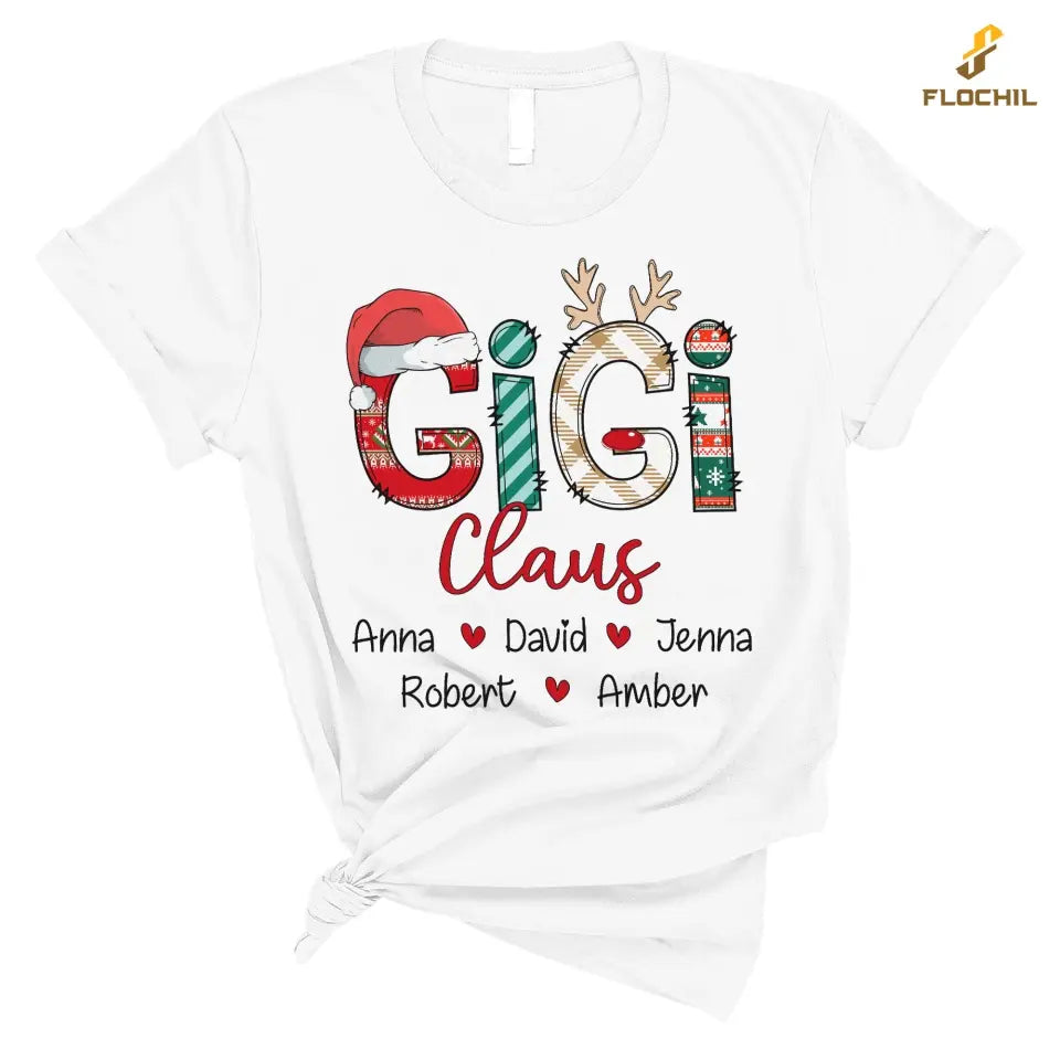 Personalized Gigi T Shirt, Gigi Claus With Grandkis Name Custom, Gigi Gifts For Christmas