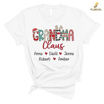 Personalized Grandma T Shirt, Grandma Claus With Grandkis Name Custom, Grandma Gifts For Christmas